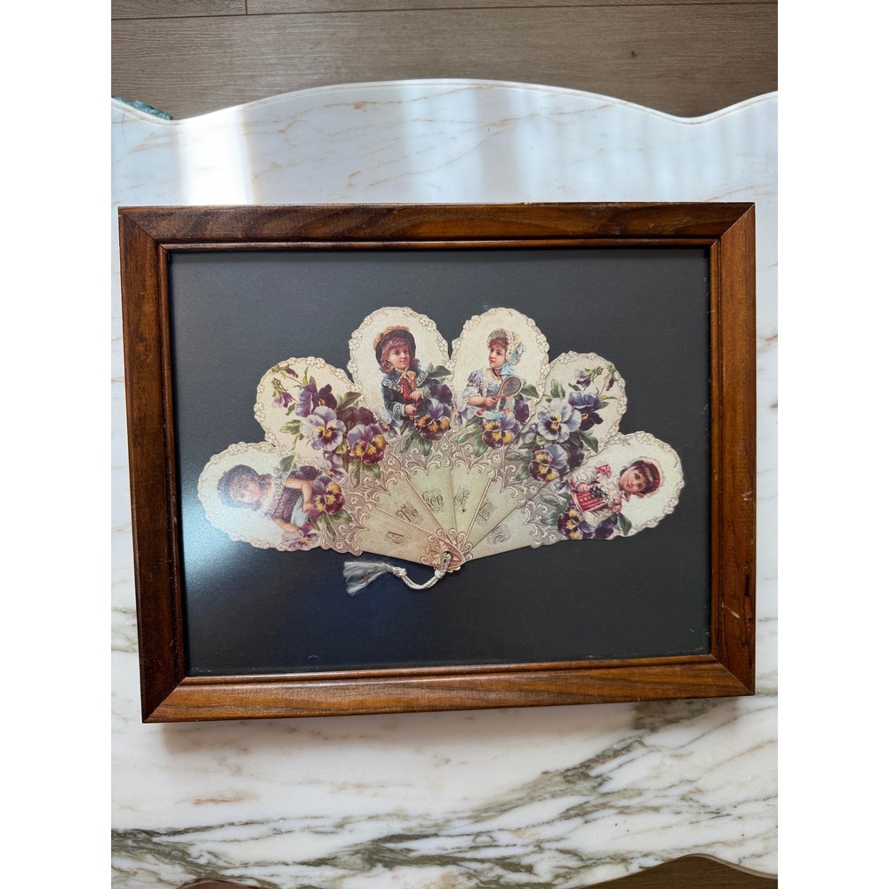 Antique Victorian Decoupage Ladies Hand Fan on Silk Framed Calendar Fan Floral